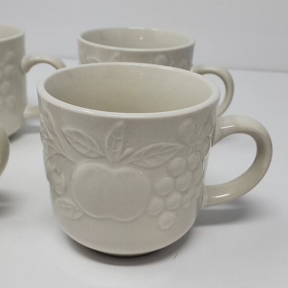 Gibson USA Everyday China Coffee Cups White Embossed Raised Fruit Set of 4 - Picture 1 of 6